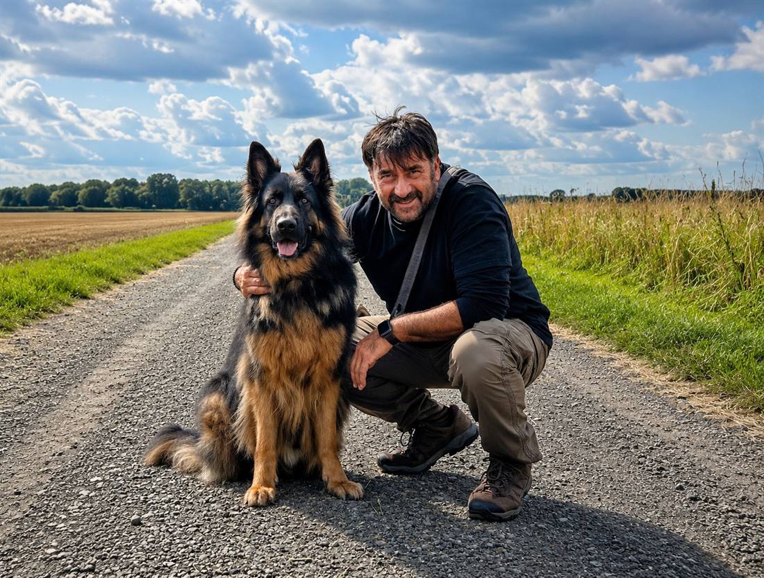 Ricardo Savia mit seinem Hund auf einem Feldweg